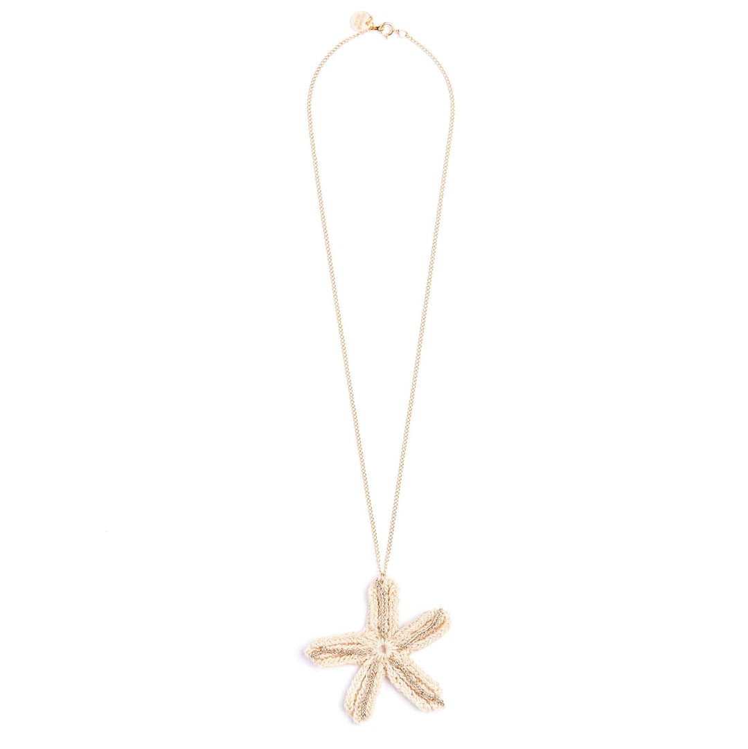 Gold starfish pendant necklace on a white background