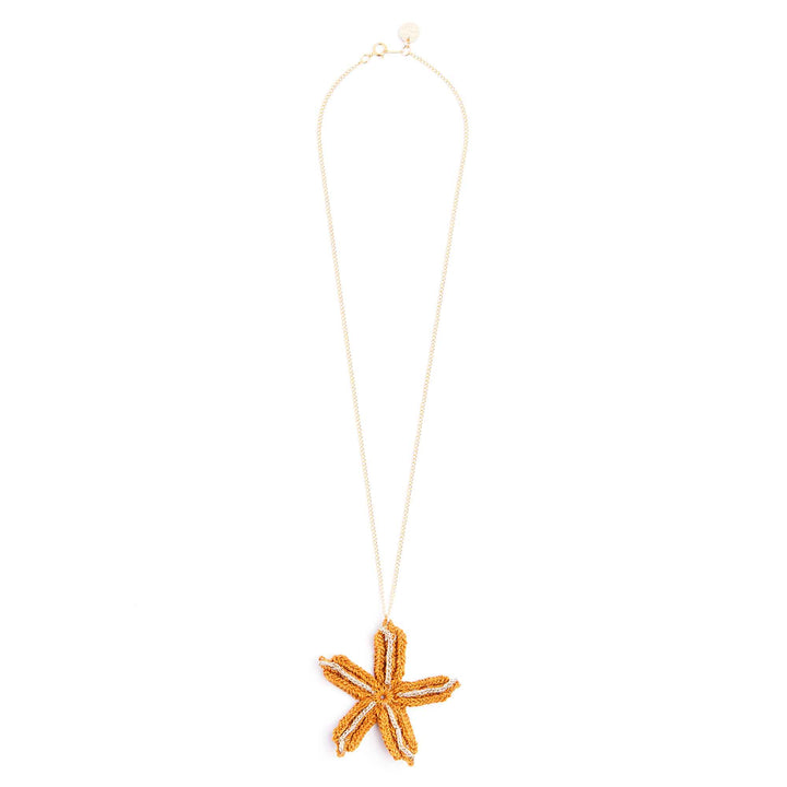 Starfish-shaped pendant on a chain against a white background