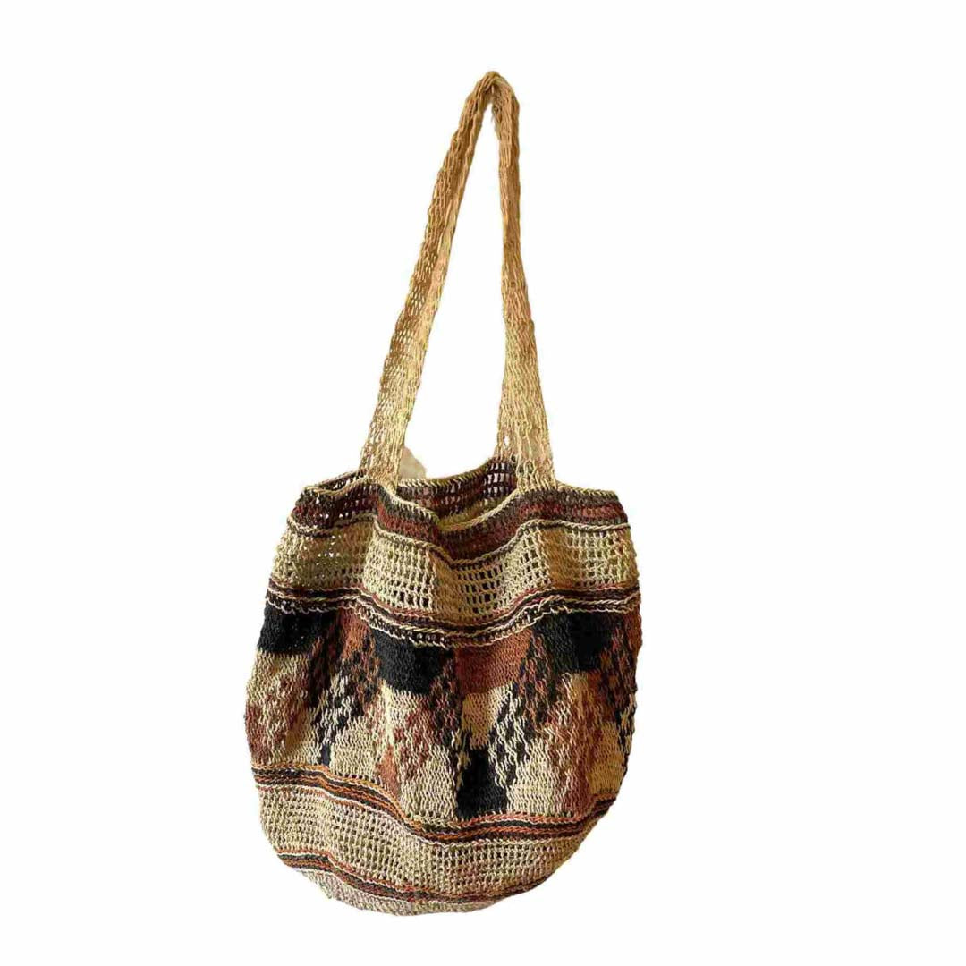Double strap bucket bilum from East Sepik Province with two style weave pattern.