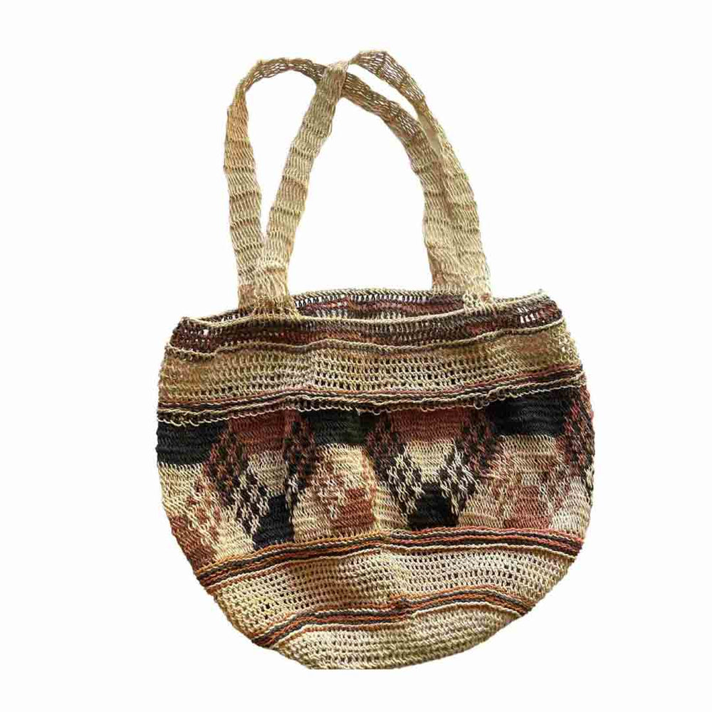 Flat lay picture of double strap bucket bilum from East Sepik Province with two style weave pattern.