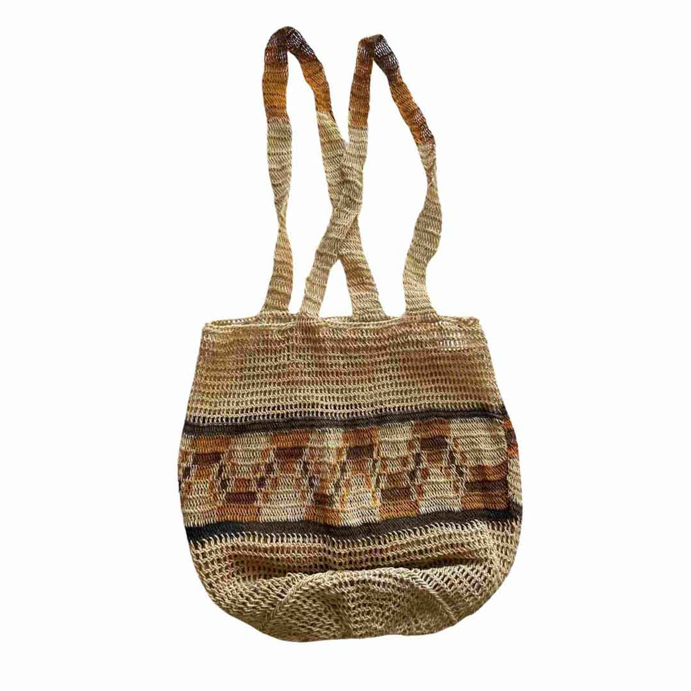 Flat lay of two style weave pattern bucket bilum with double straps from East Sepik Province in Papua New Guinea.