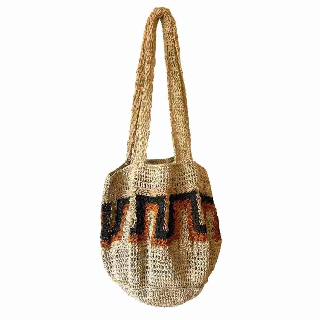 Black and orange line pattern strip bucket bilum with double straps from Papua New Guinea.