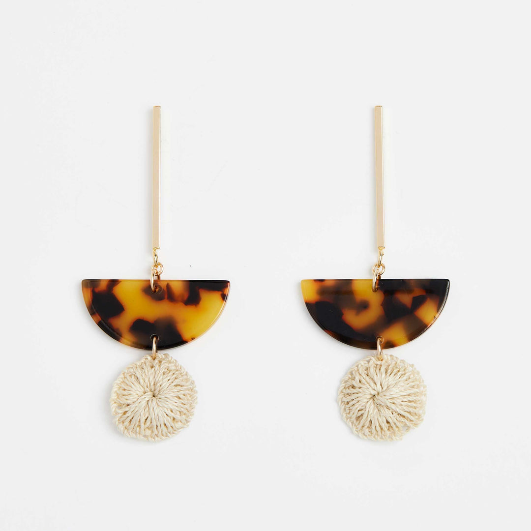 Bilum and Bilas textile and resin drop earrings with gold, fake turtle shell semi circle and textile bead front view