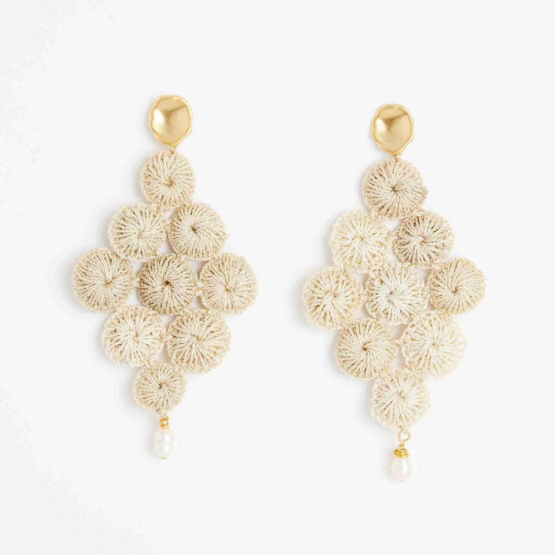 Gold and pearl with woven natural fibre statement Malalo Chandelier earrings front view