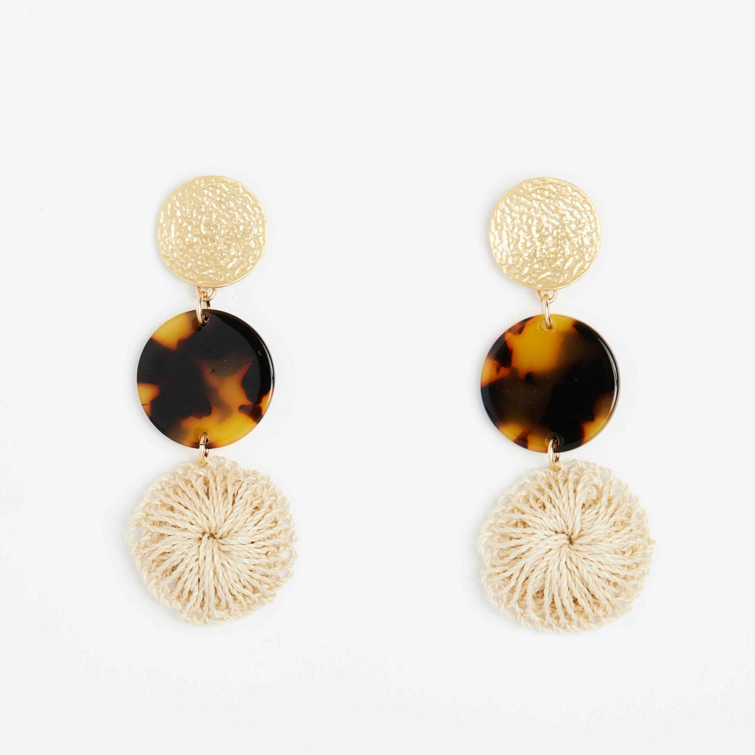Three disc drop earrings with gold, fake turtle shell and textile bead front view