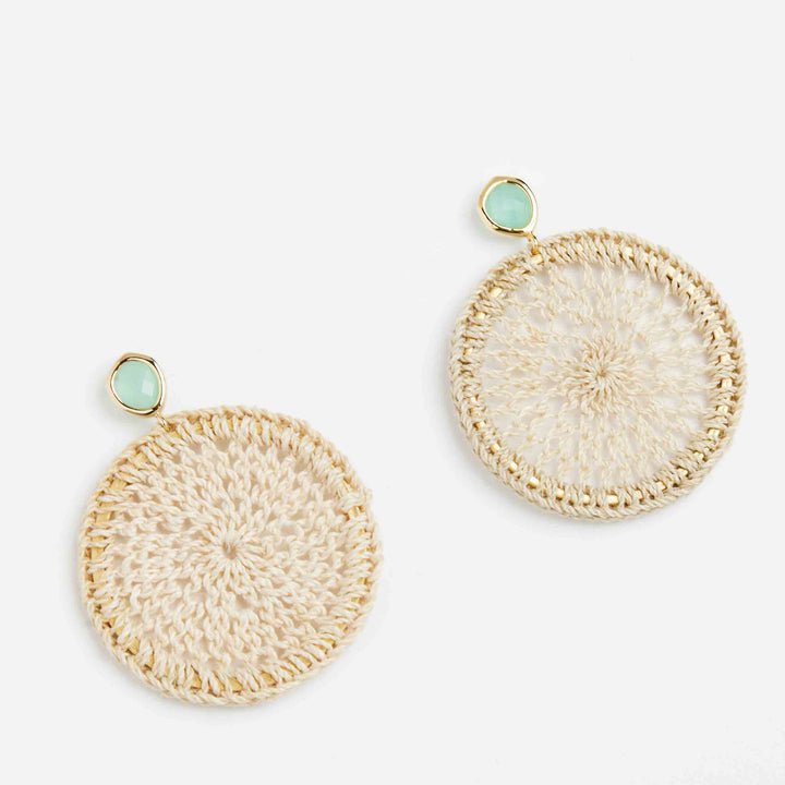 Bilum and Bilas crochet style Kala earrings with green stone ear post side view