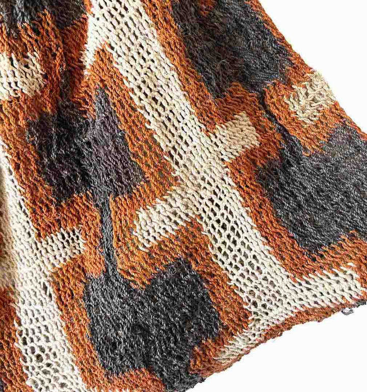 Close up on square pattern black and orange bilum from Keram Village.