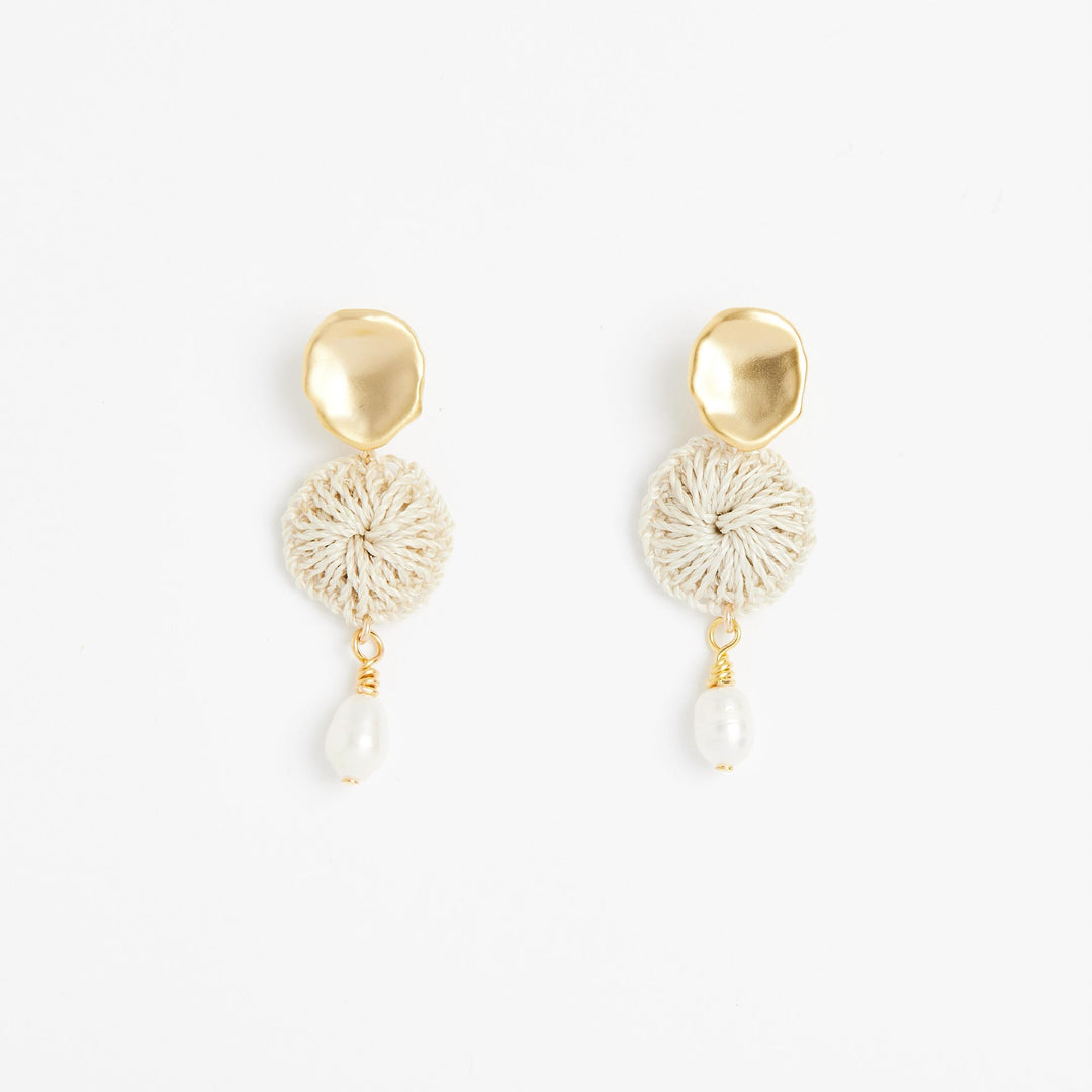 Gold Lik Lik Malalo drop earrings with pearl and natural fibre front view #Gold