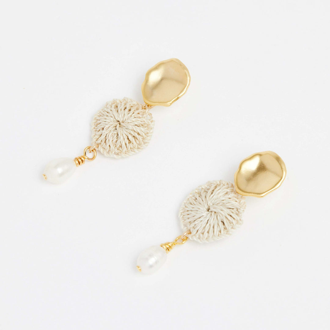 Gold Lik Lik Malalo drop earrings with pearl and natural fibre angle view