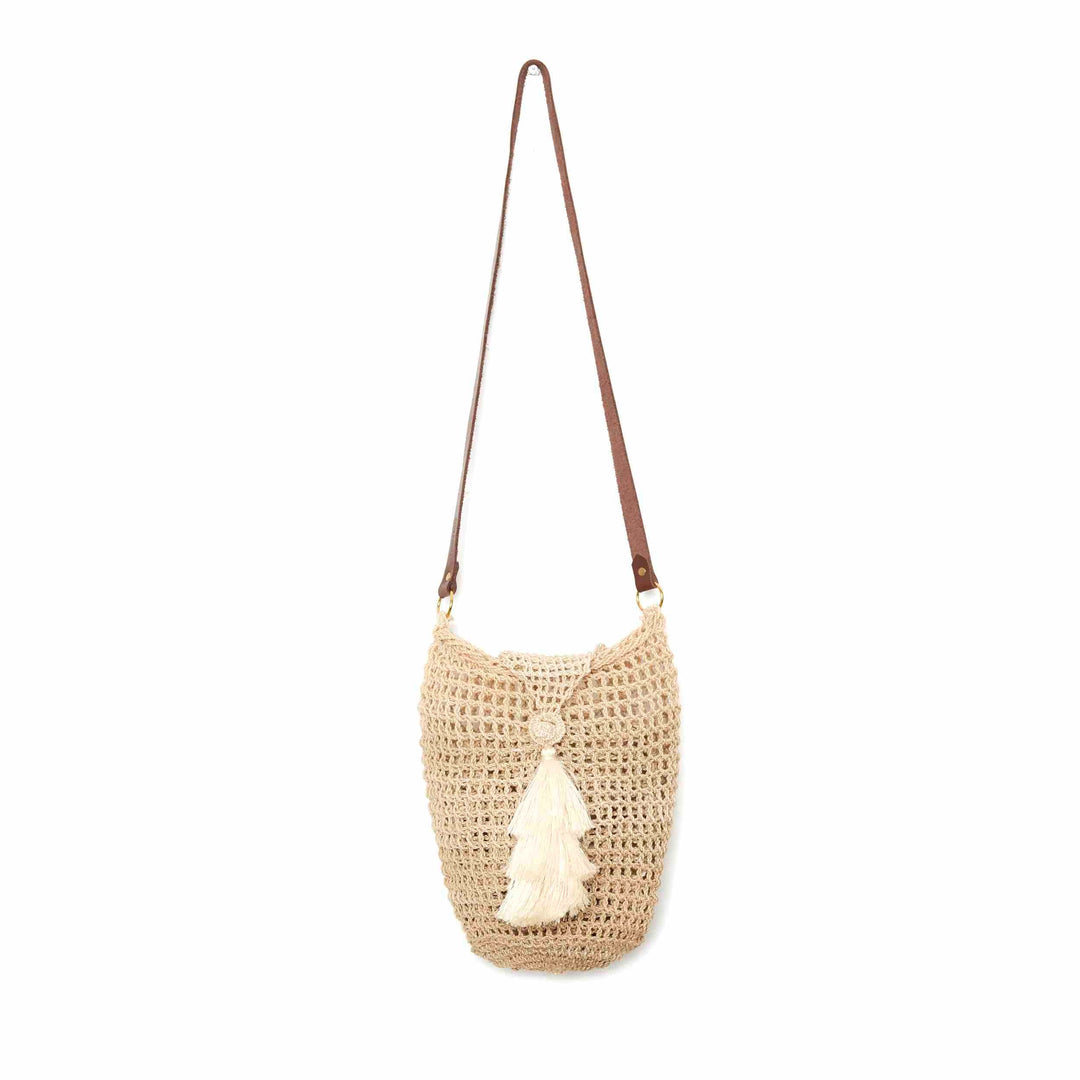 Natural fibre bucket bilum with lid close and tassel hanging on a white background.