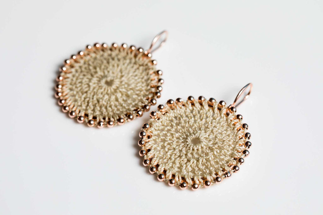 Bilum and Bilas gold beaded woven disc earrings with ear hooks  #Rose Gold