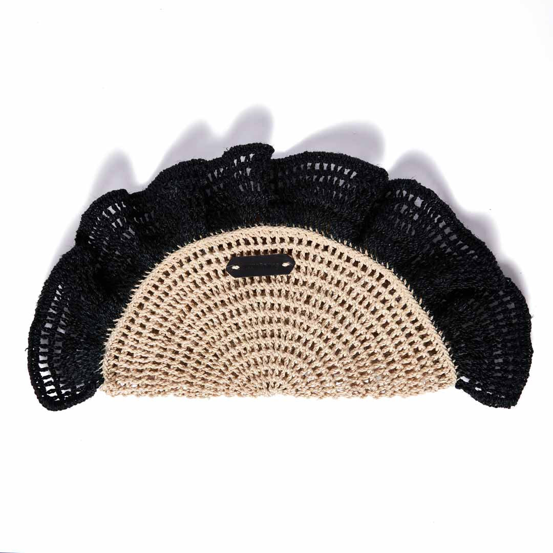 Front view of Ripple clutch with woven ruffles with black trims #Black