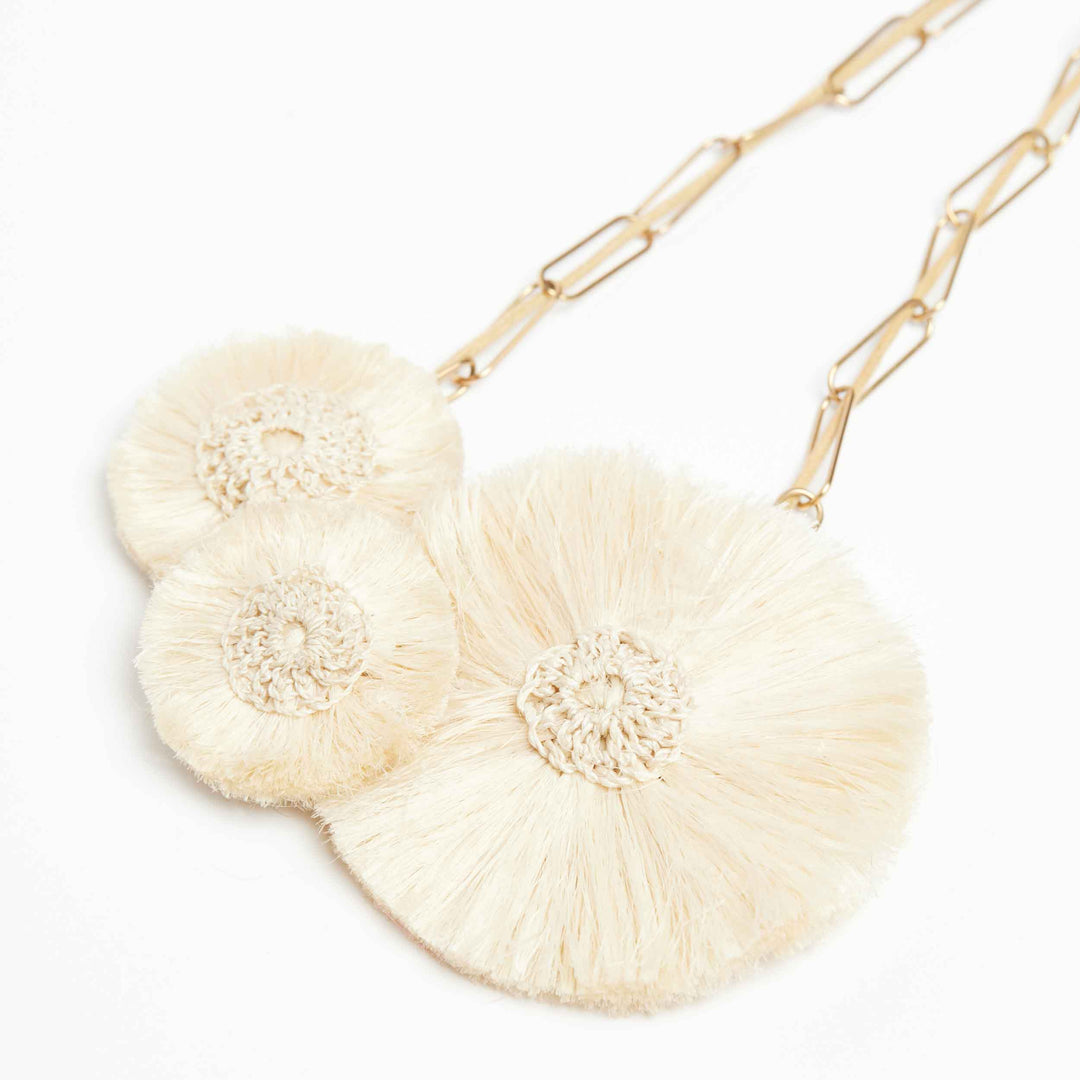 Side angle of statement woven hibiscus necklace pendant.