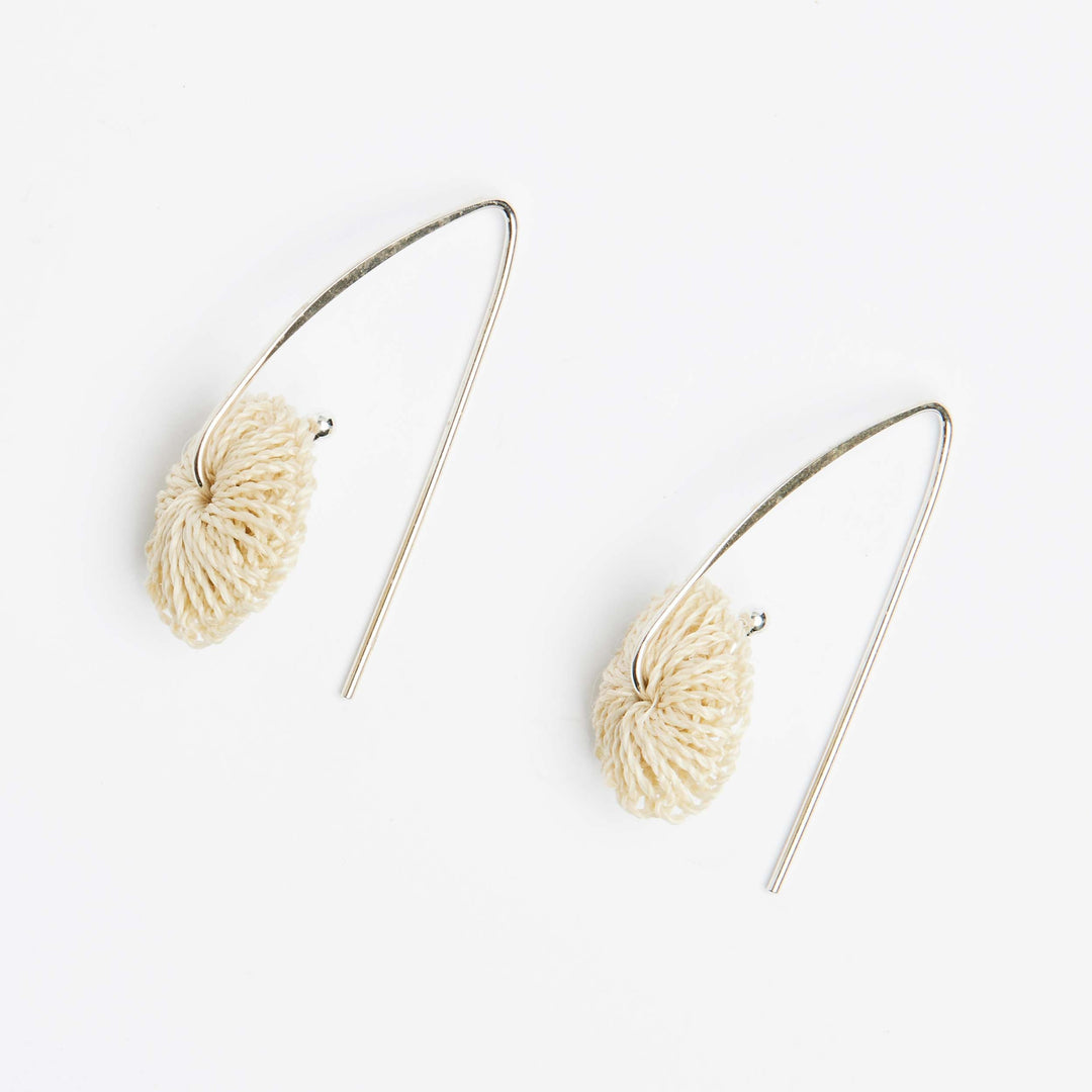 Side view of Bilum and Bilas sterling silver ear wires with handwoven textile bead detail