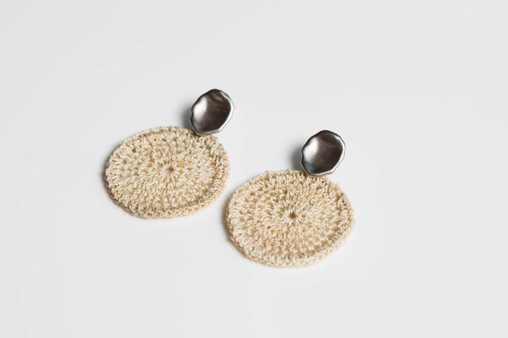 Bilum and Bilas Sowana disc earrings - Crochet woven disc earrings with silver ear post on an angle