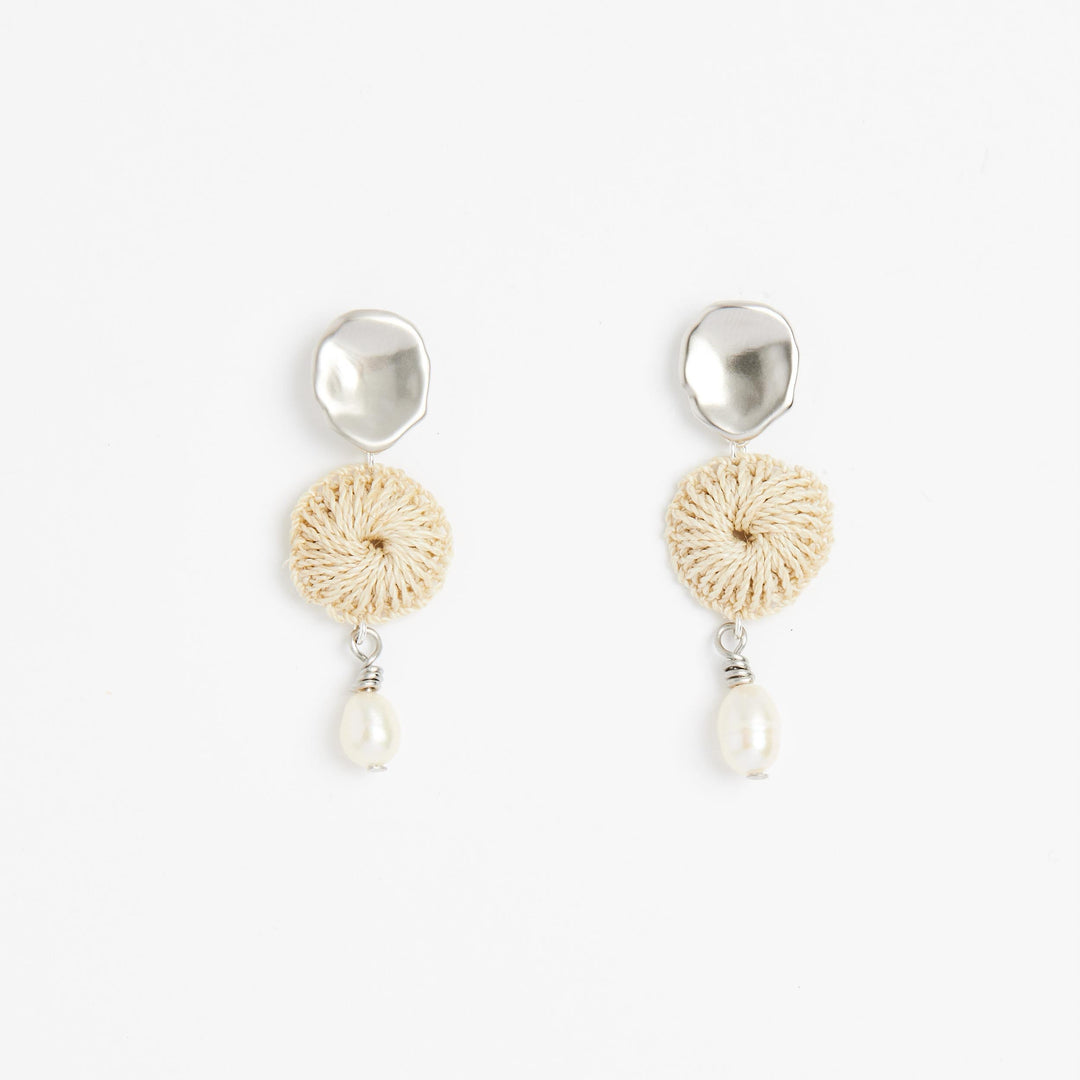 Silver Lik Lik Malalo drop earrings with pearl and natural fibre front view #Silver