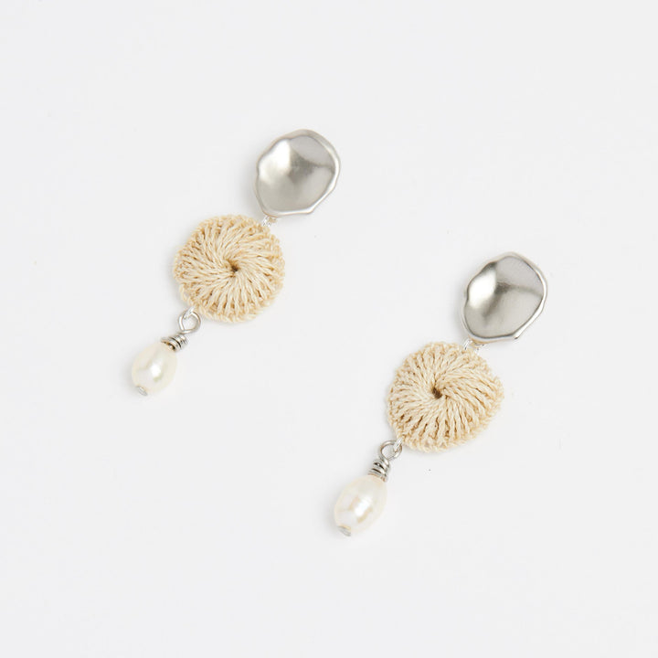 Silver Lik Lik Malalo drop earrings with pearl and natural fibre angle view