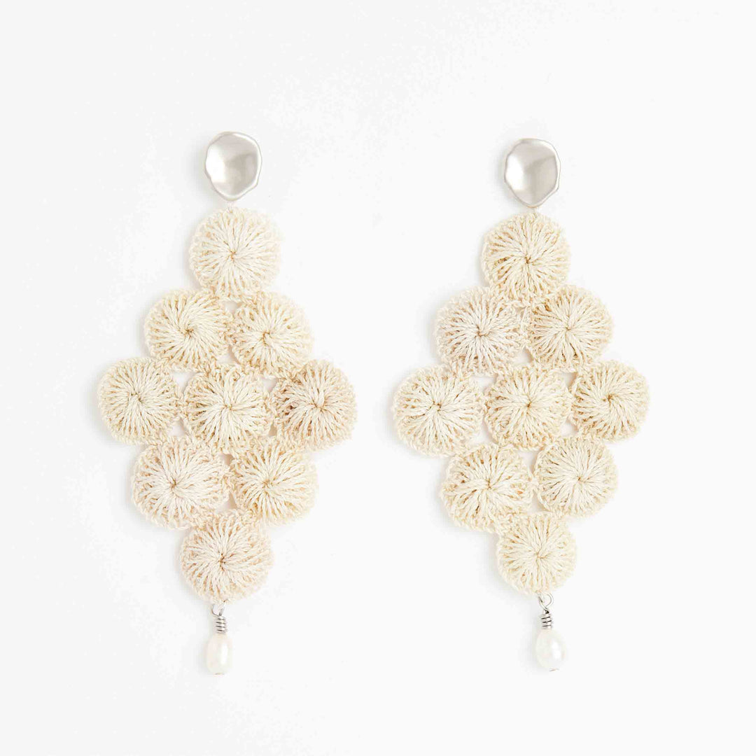 Silver and pearl with woven natural fibre statement Malalo Chandelier earrings front view