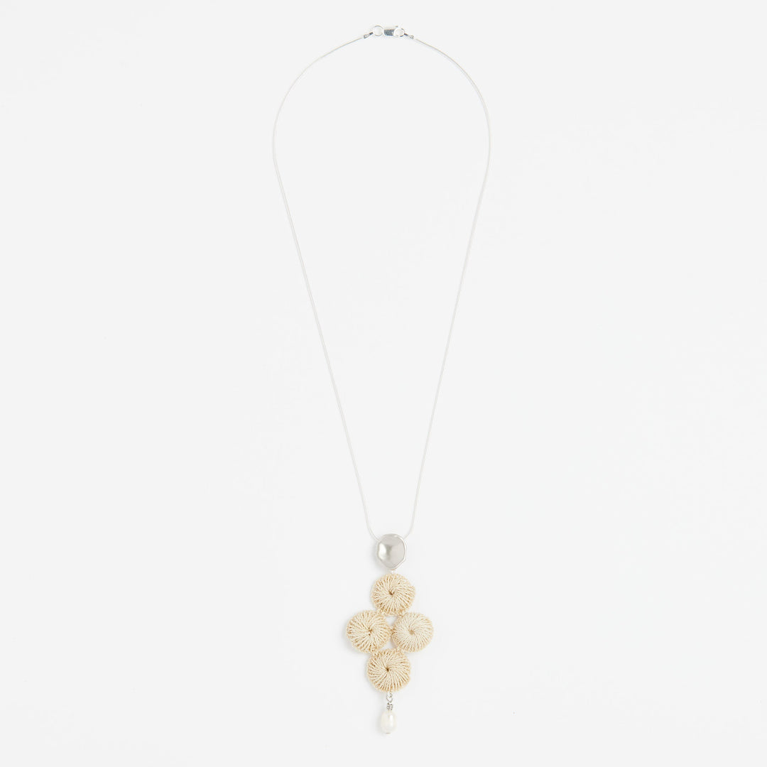 Sterling silver chain necklace with pearl and woven natural fibre pendant full view