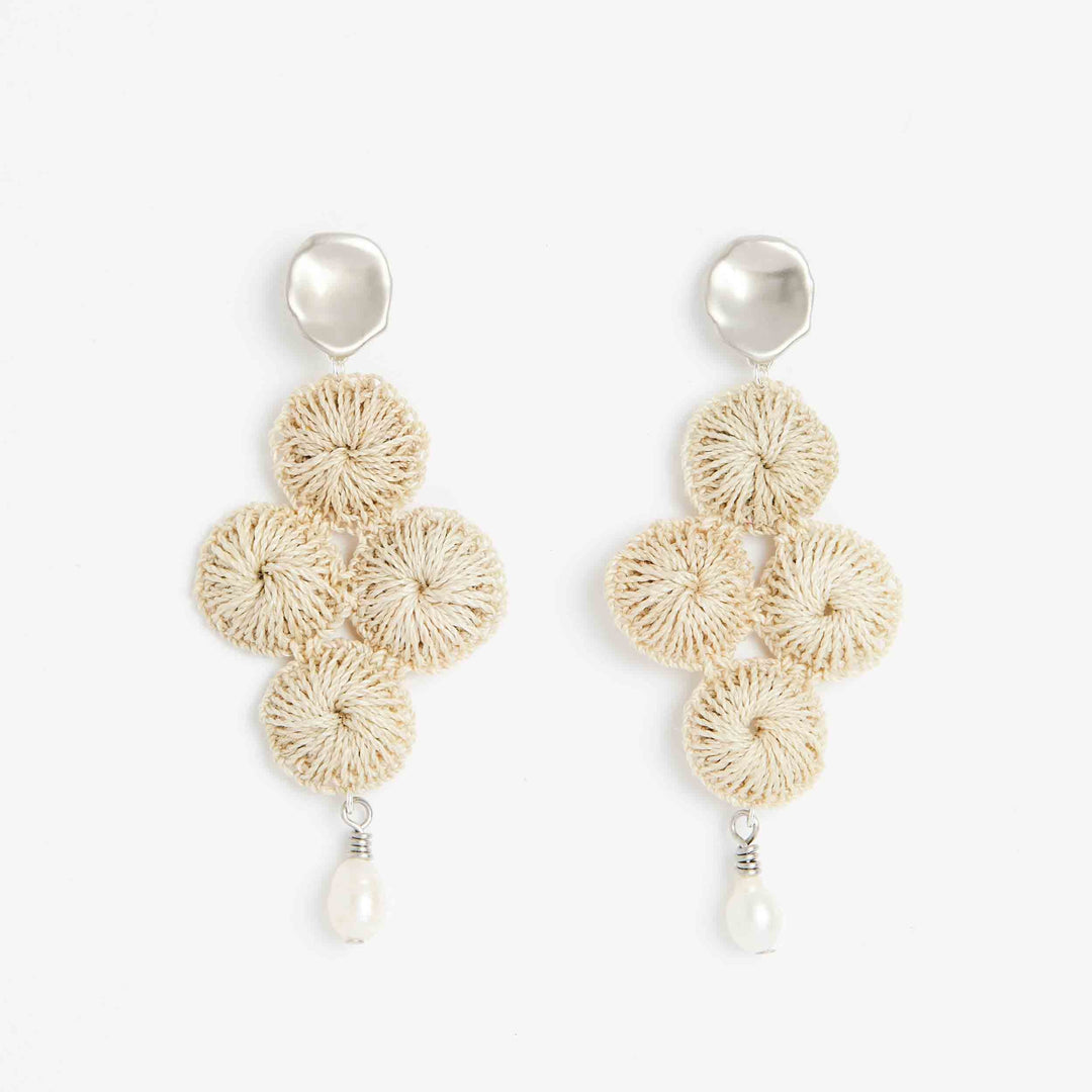 Silver Malalo Breeze earrings with pearl and natural fibre front view
