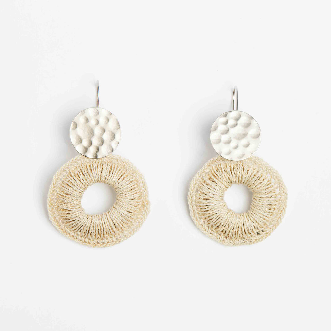 Bilum and Bilas silver disc earrings with natural fibre woven hoop earrings front view